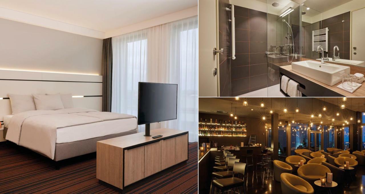 Hyperion Hotel Hamburg Exterior photo The photo showcases a modern hotel environment. 

1. **Left Side**: A contemporary hotel room featuring a bed, a television on a wooden stand, and large windows letting in natural light. The design is sleek and minimalistic.

2. **Top Right**: A styl